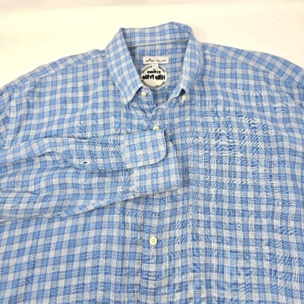 Peter Millar Shirt Men XXL Blue Plaid‎ Check 100 % Linen Button Up Long Sleeve.